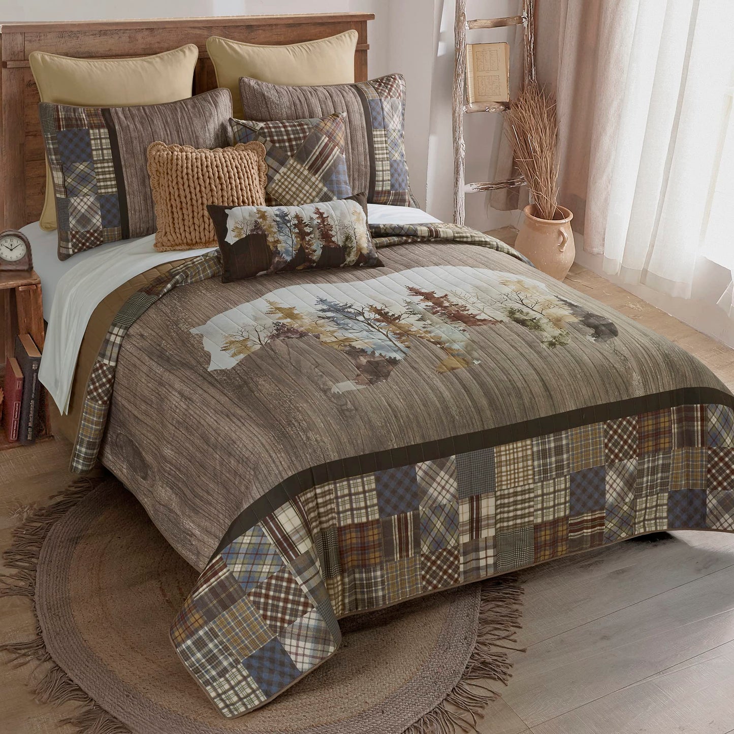 Donna Sharp Full/Queen Chimera Bear Bedding Set - 3 Piece - Ivory, Taupe, Slate Blue, Autumn Gold, Walnut, Olive and Mahogany Quilt 90" x 90" and 2 Standard Pillow Shams 20"x26"