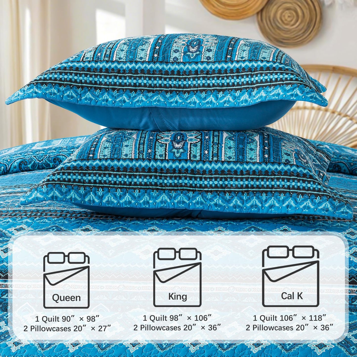 TWINRUN Cotton Quilts California King Size Set, 3 Pieces California King Quilt Bedding Set (108 x 118 Inch), Lightweight Boho Oversized King Size Bedspread, Blue Stripes Cotton Quilts for All Seasons