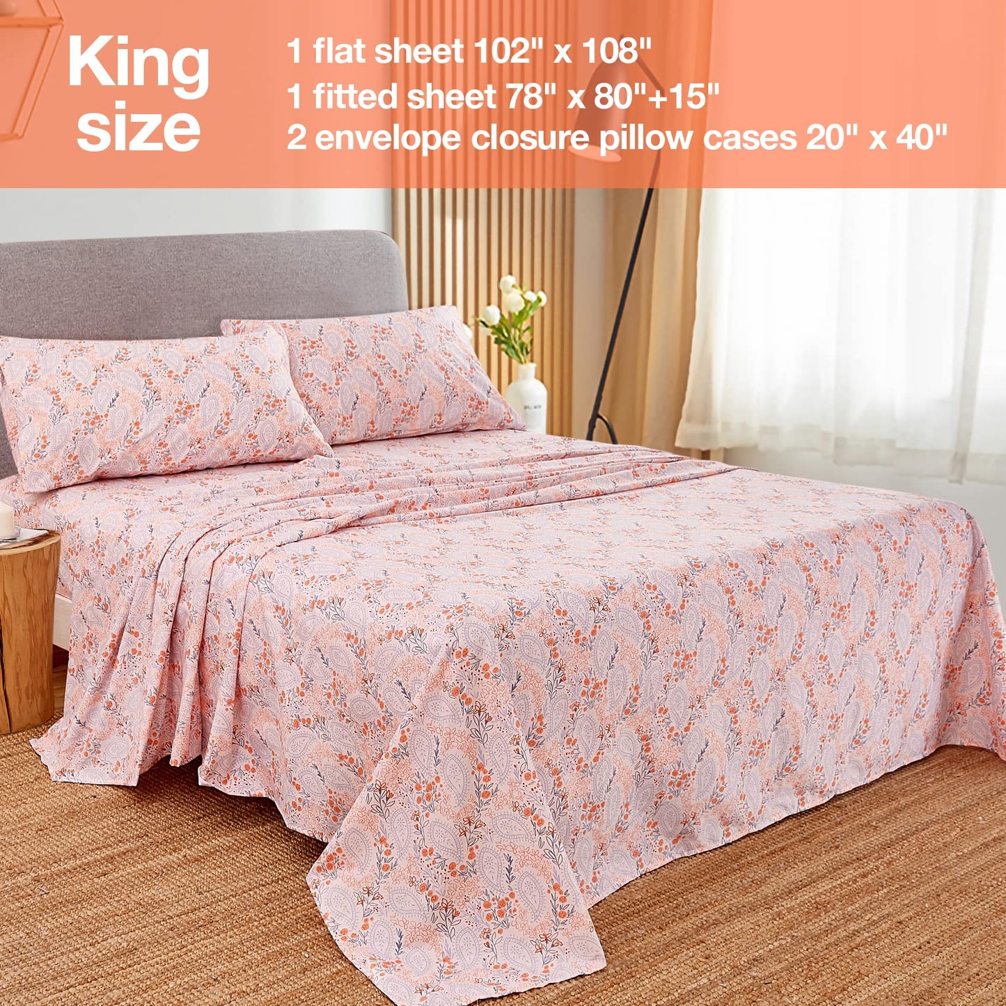 JSD Pink Paisley Floral Sheet Set King Size, 4 Piece Soft Printed Microfiber Sheets Extra Deep Pocket