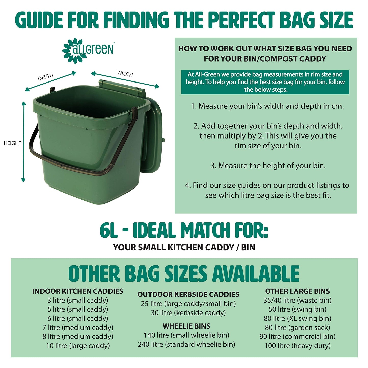 6 Litre x 150 All-Green Compostable Kitchen Caddy Liners - Food Waste Bin Liners - EN 13432-6L Bags