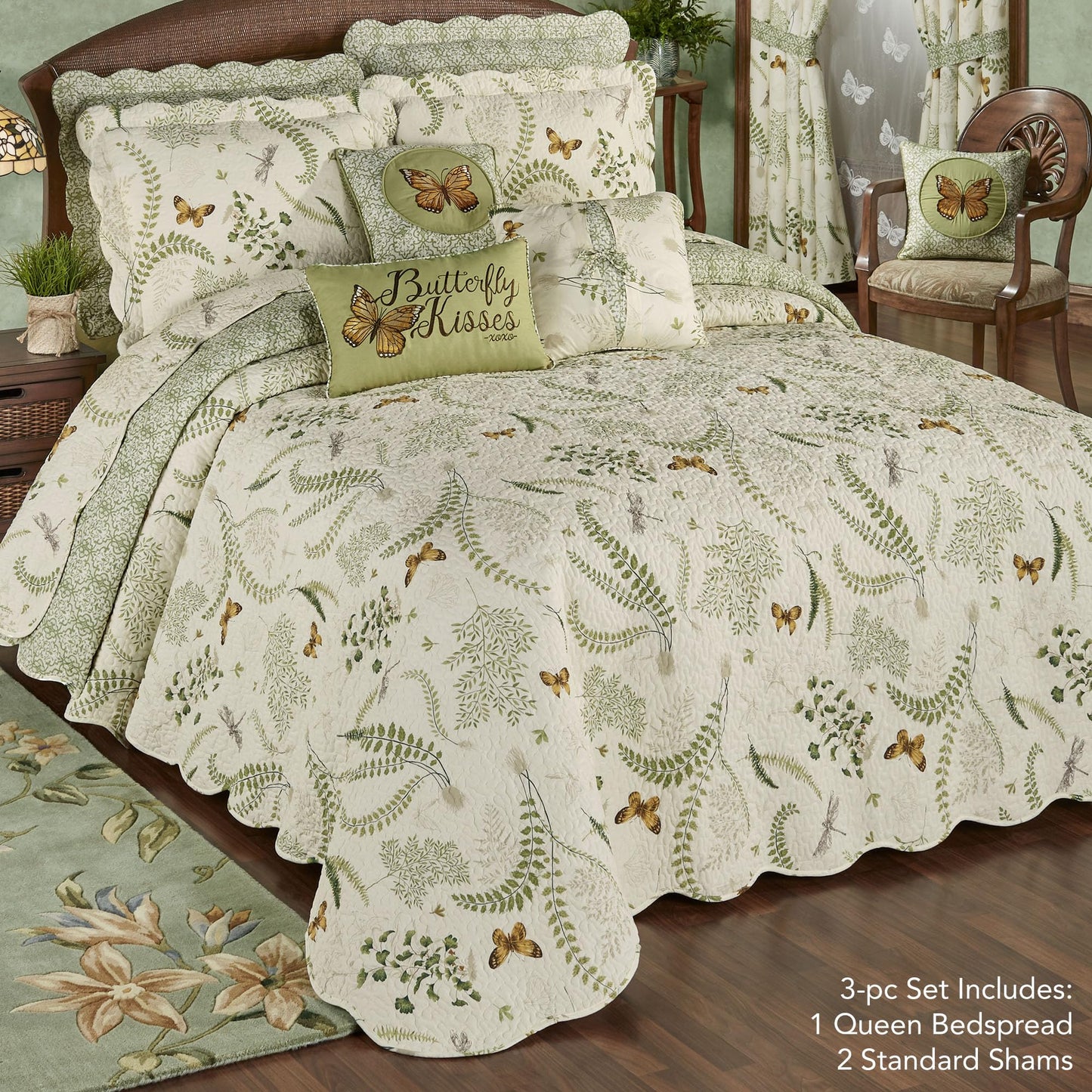 Butterfly Eden Reversible Quilted Oversized Bedding | Nature Medallion Butterfly Dragonfly Fern Leaves | Eggshell, Golden Yellow, Green | 3 Piece Set Includes: Queen Bedspread and 2 Standard Shams