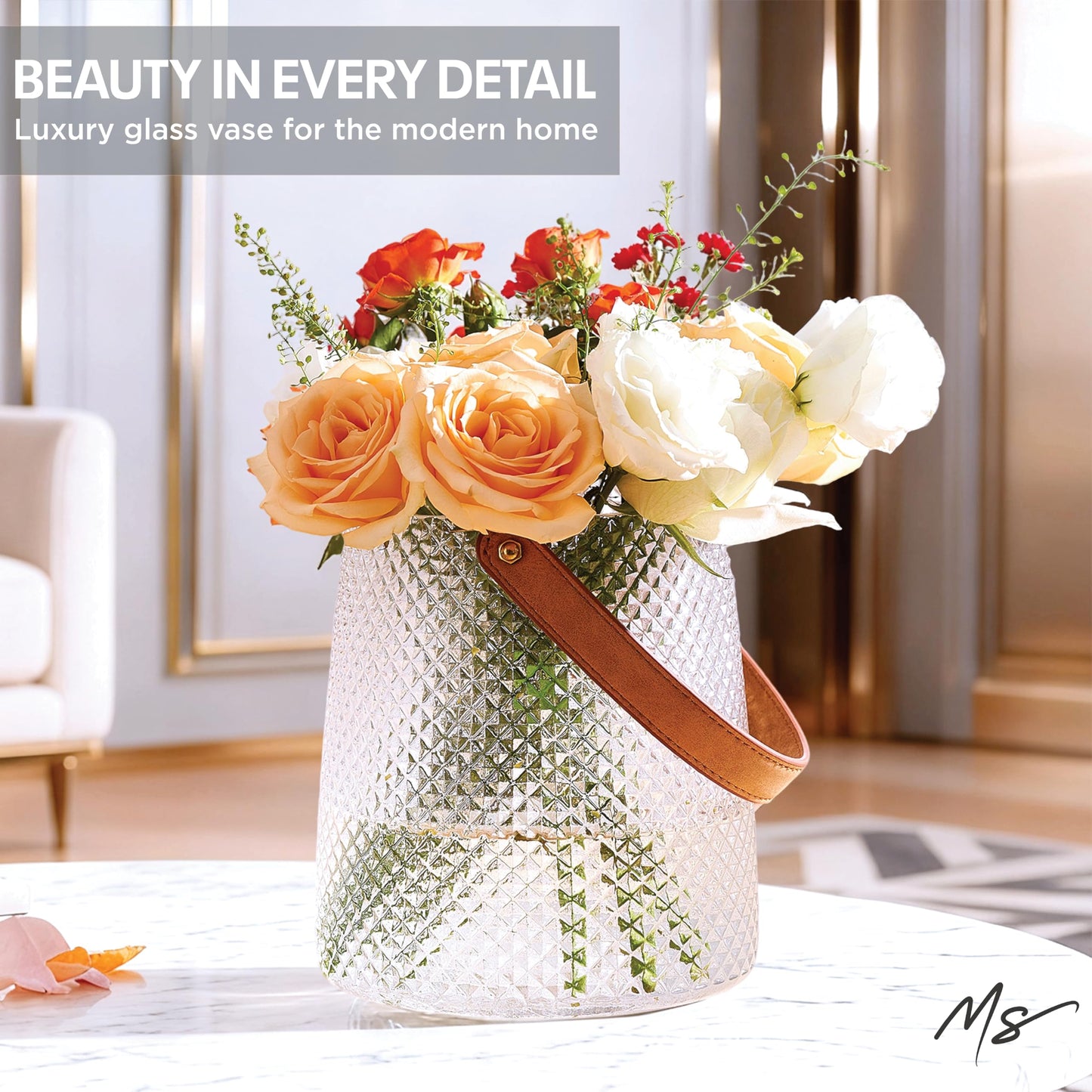 Nordic Handcrafted Crystal Glass Vase with Vegan Leather Handle – Diamond Textured Flower Vase – Modern Decorative Centerpiece for Dining Table, Wedding & Luxury Home Decor