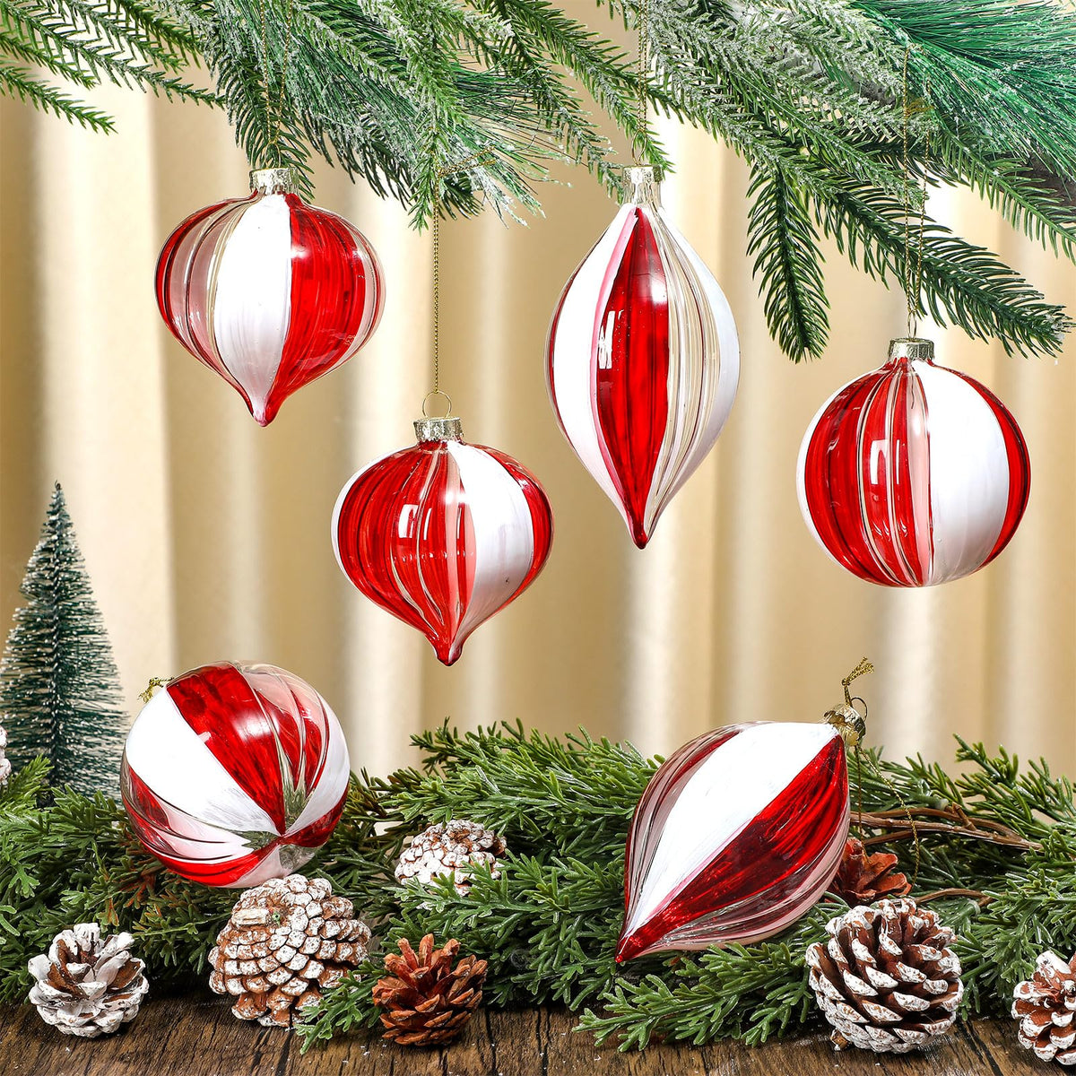 Motionchic 6 Pcs Christmas Candy Balls Ornament Glass Christmas Tree Decorations Red and White Striped Peppermint Hanging Xmas Decorations for Trees Party Wedding Holiday, 3 Styles