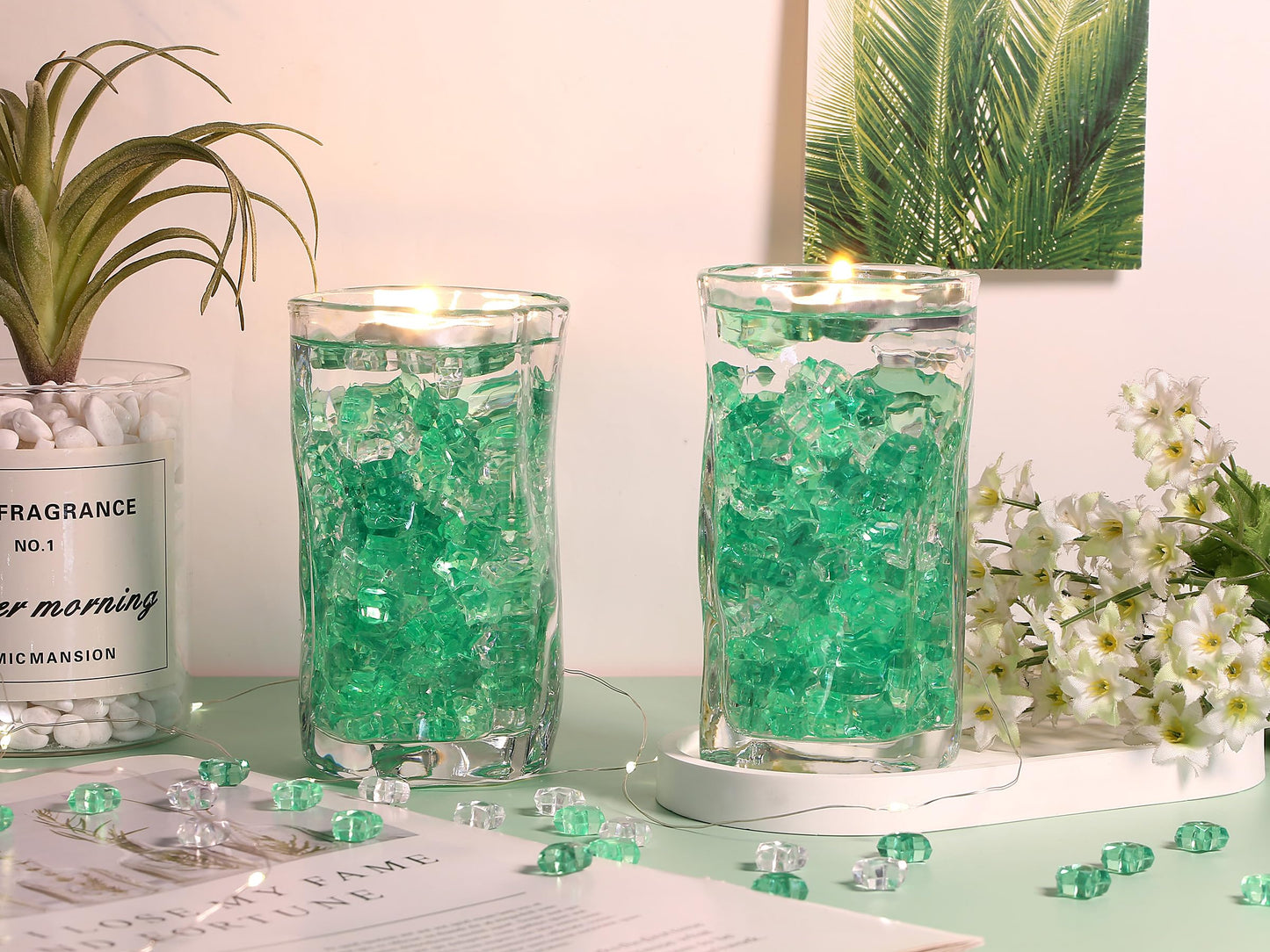 LAIDANLA 500PCS Mix Green Acrylic Star Gems Vase Fillers, Decorative Fake Crystals Gems for Centerpieces Table Scatter Wedding Decor Party Decorations DIY Crafts Home Decor