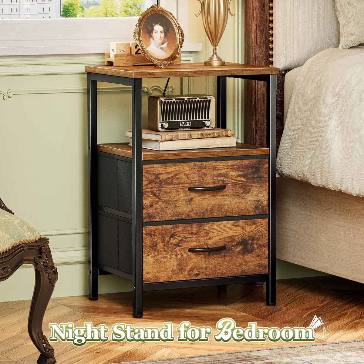 Huuger Night Stand Set 2, Nightstand with 2 Drawers, Bed Side Table with Open Shelf, Wooden Top, End Table, Fabric Drawer, for Bedroom, Rustic Brown