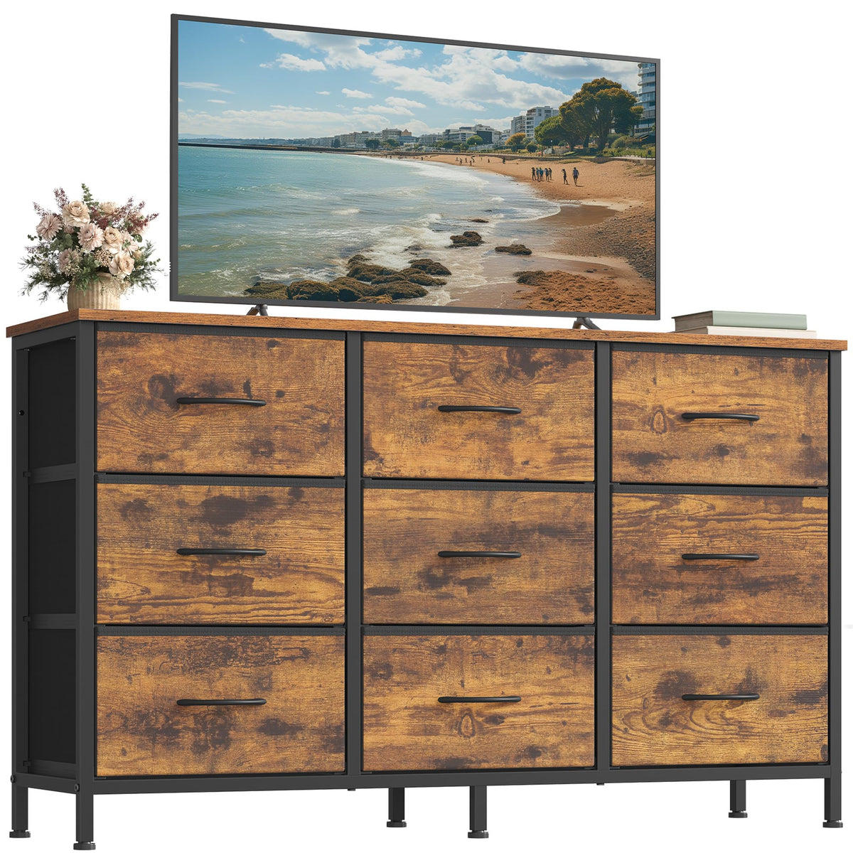 SONGMICS BELLAH Collection - Dresser for Bedroom, TV Stand for TVs Up to 55 Inches, Chest of Drawers for Living Room, Closet, Steel, 9 Drawers, Industrial, Rustic Brown and Ink Black ULGS033KD02S