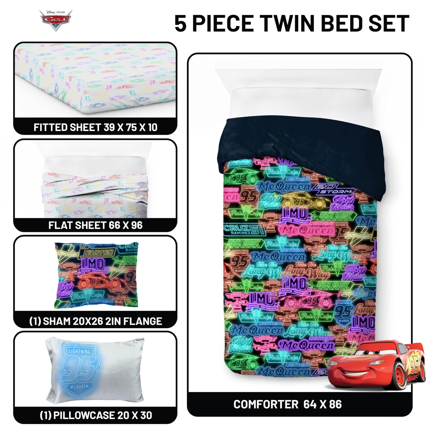 Jay Franco Kids Bed Set, Black, Cars, 5 Piece Twin
