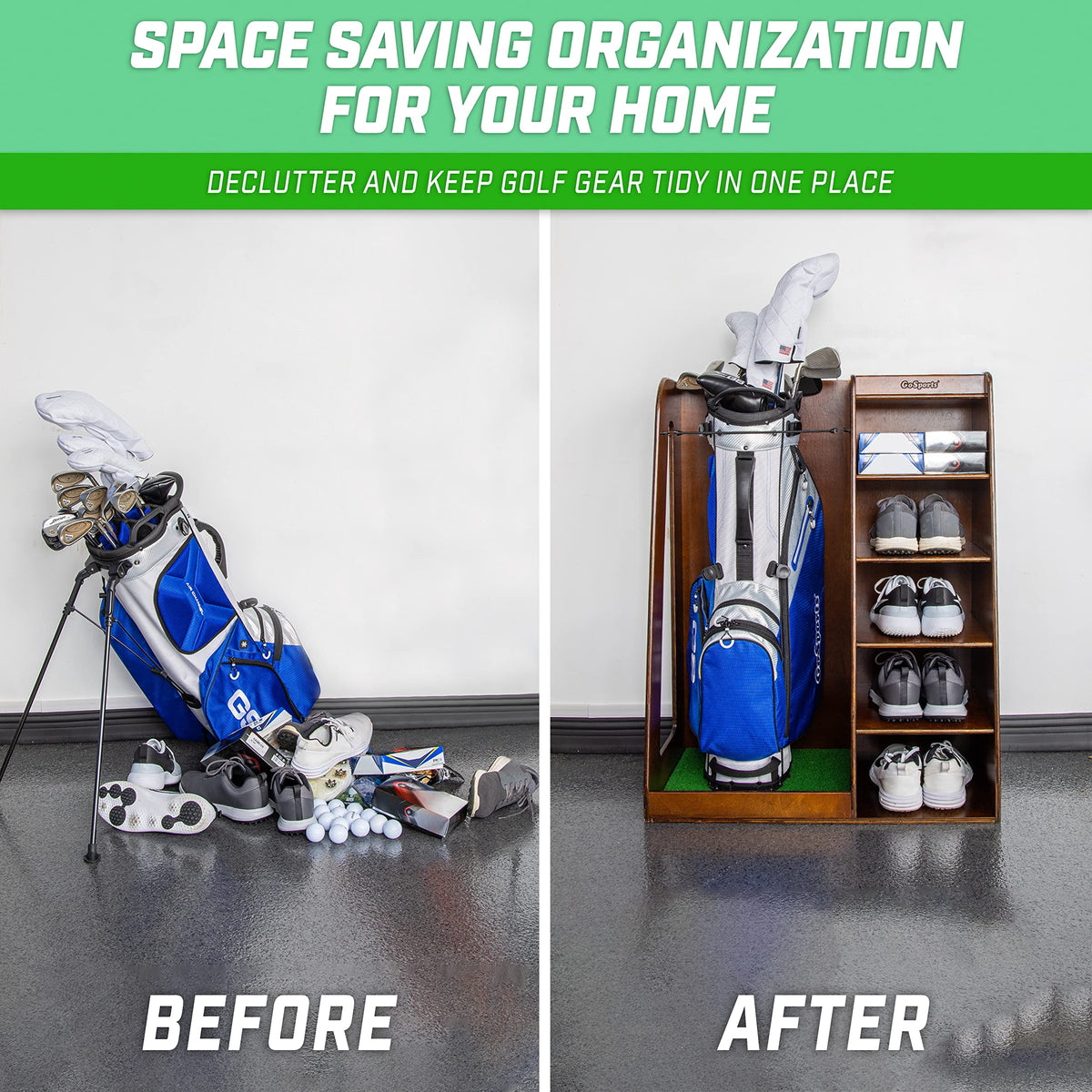 GoSports Premium Wooden Golf Bag Organizer and Storage Rack - Choose Your Style