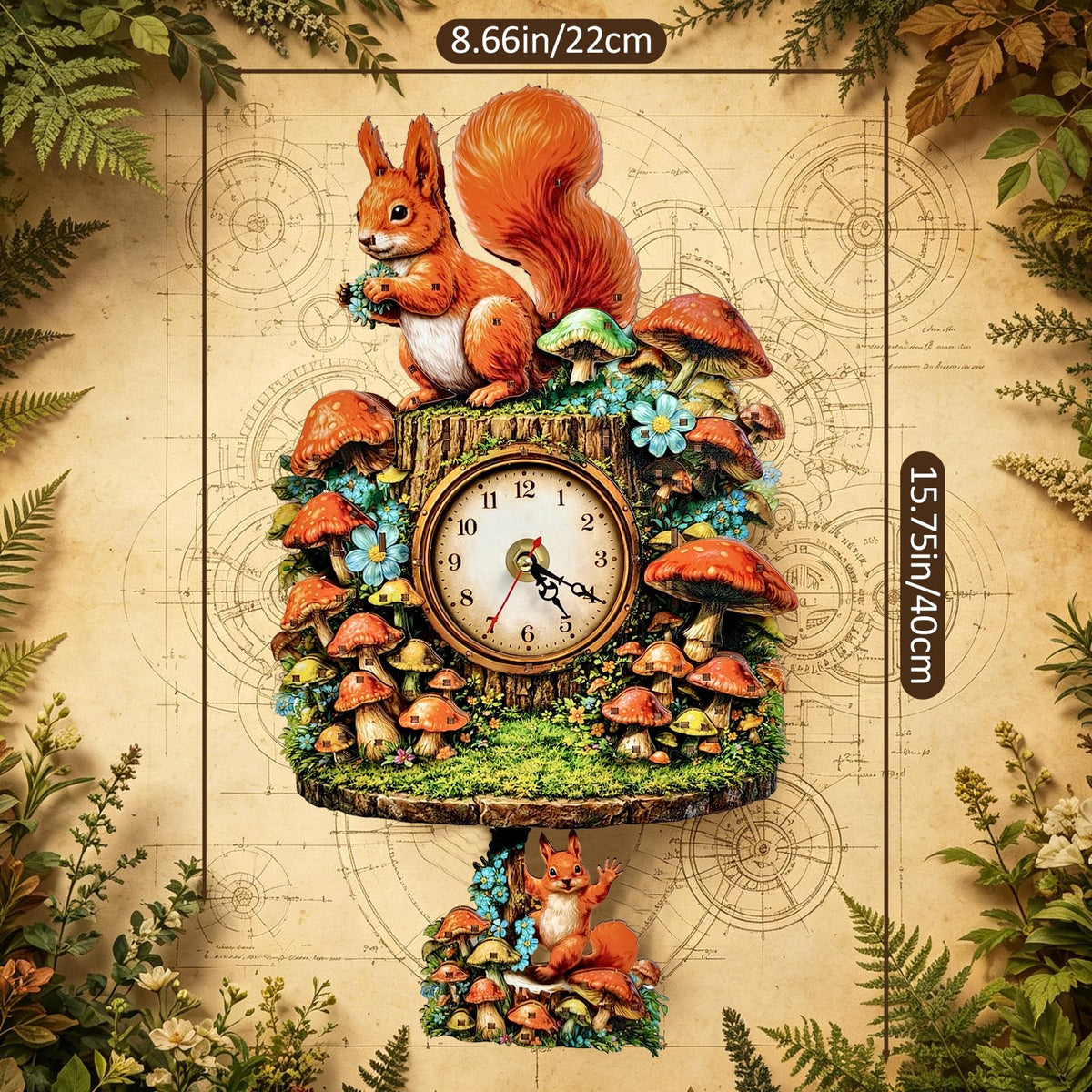 NIUNIUAMY 3D Wooden Puzzle Squirrel Clock Mechanical DIY Model Kit with Pendulum Forest Animal Gear Desk Clock Mushroom Decor Challenging Craft Gift for Adults Men Women