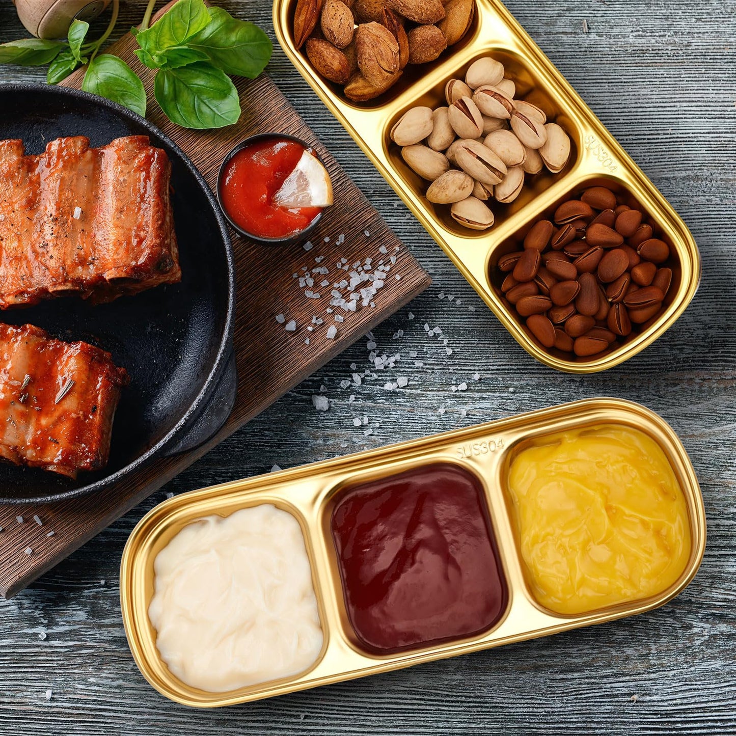 Maxcheck 12 Pcs Soy Sauce Dish Stainless Steel Divided Dip Bowls Korean 3 Compartment Sauce Plate Seasoning Dipping Condiment Tray for BBQ Vinegar Spice Salt Sugar Flavor Home Restaurant (Gold)