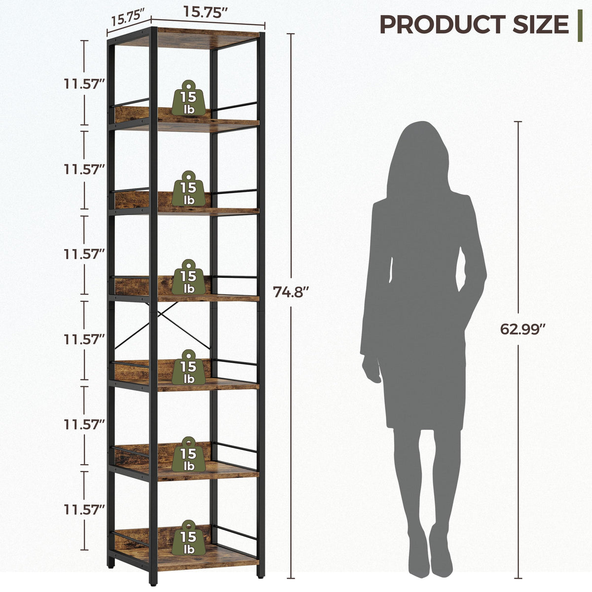 IRONCK 75" Tall Narrow Book Shelf, 6-Tier Open Corner Bookshelf, Industrial Metal Frame Square Display Storage Rack for Living Room, Rustic Brown