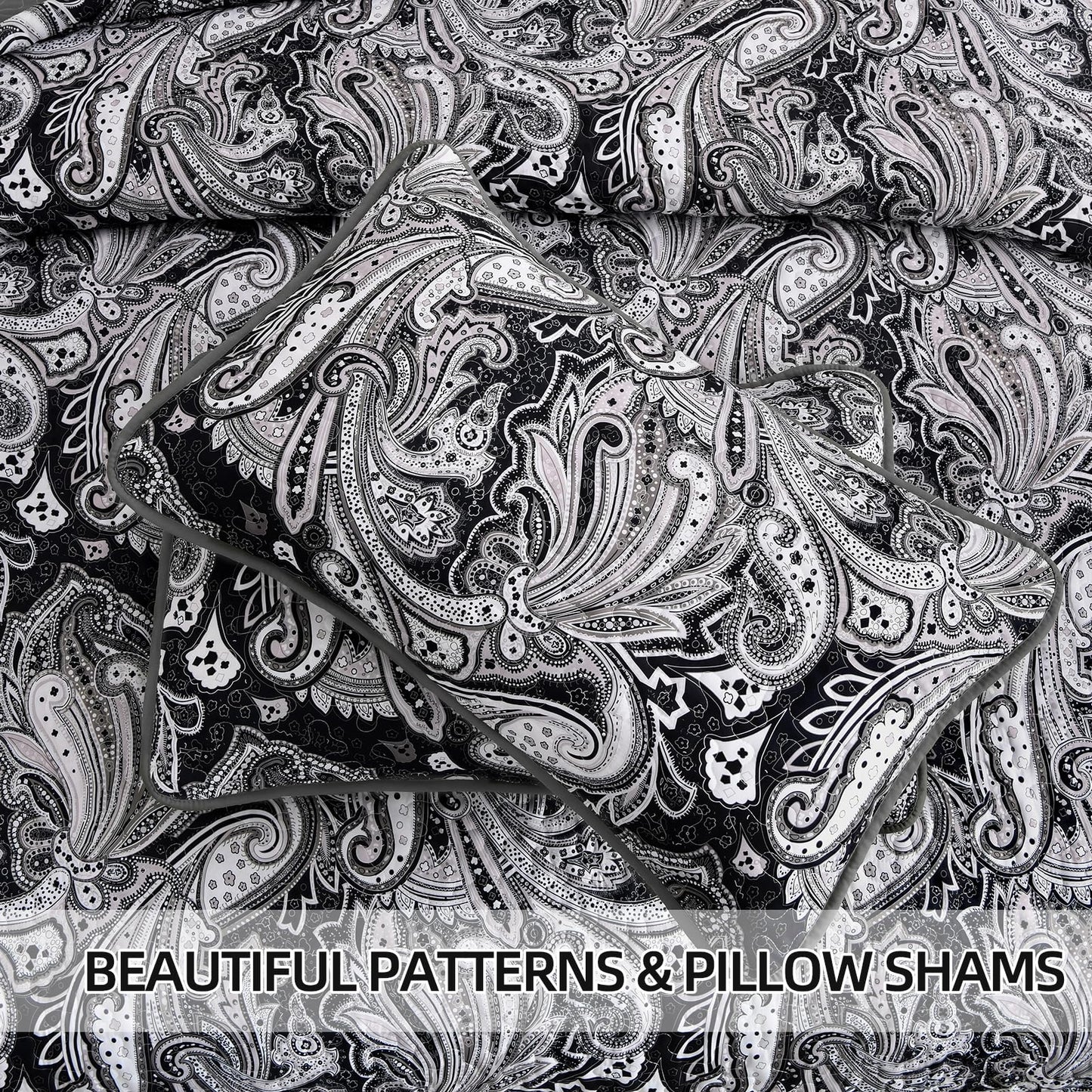 DJY Black Paisley Quilt Set Full Size Boho Bedspread Coverlet Set 3 Pieces, Soft Lightweight Black and Gray Paisley Floral Pattern Bedding for All Season, 90''x80''