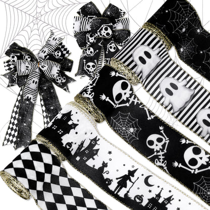 JarThenaAMCS 5 Roll Halloween Wired Edge Ribbon - 2.5 Inch, 30 Yards Ghost Skeleton Spider Web - White & Black Spooky Gift Wrap Ribbon for Bow, Wreath, Craft & Party Decor