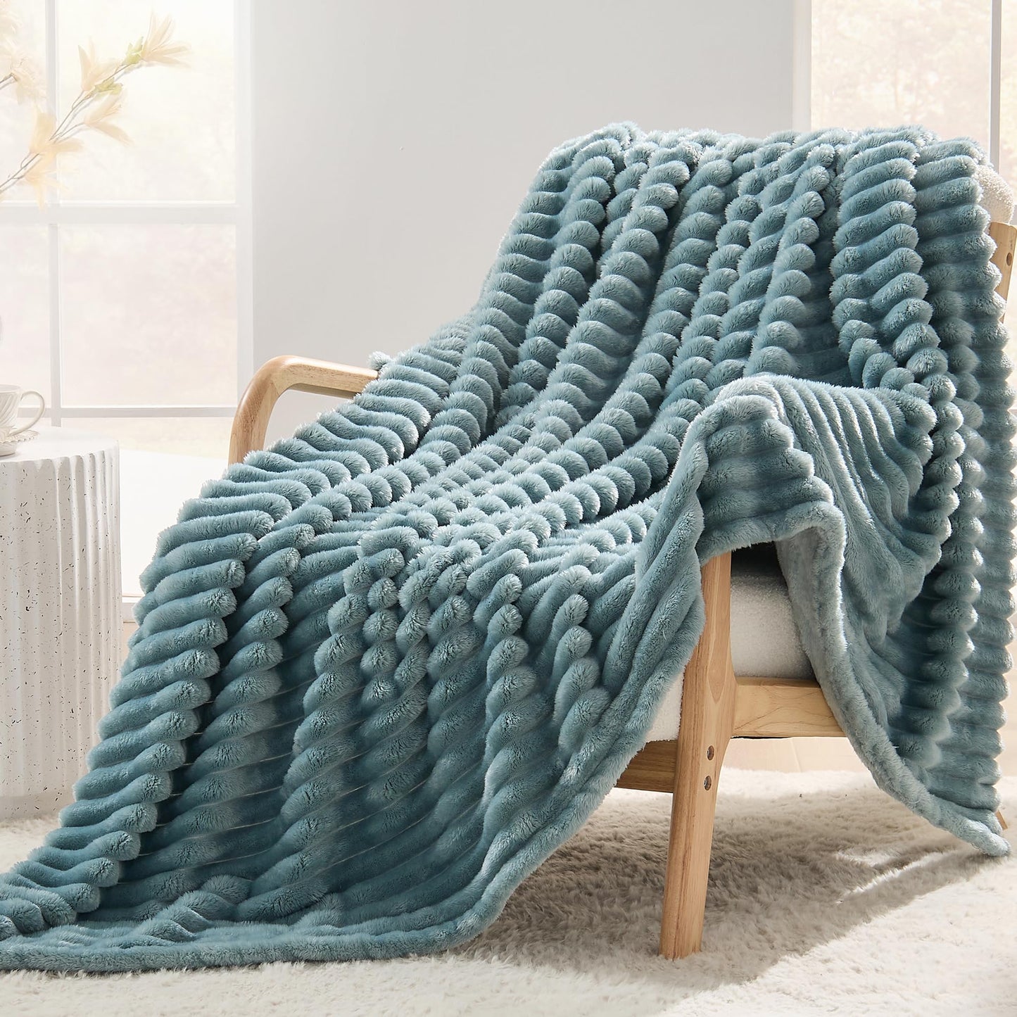 SUPRYNEX Dusty Blue Striped Throw Blanket, 330GSM Soft Plush Fleece Blanket for Couch Sofa Travel, Decorative Cozy Giftable Home Blanket, 50x70 Inches