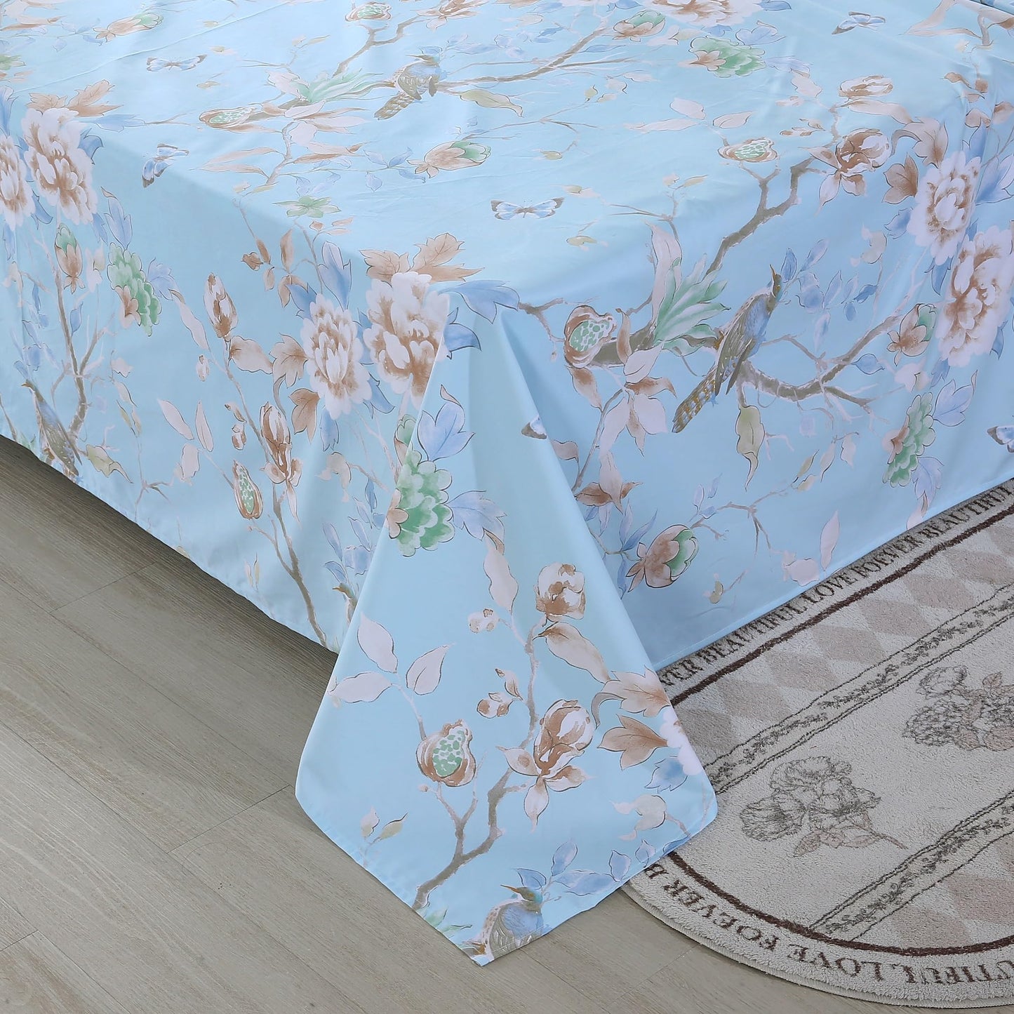 RYNGHIPY Egyptian Cotton Bed Sheet Set Blue Bird Botanical Pattern Bed Sheets Deep Pocket Fitted Sheet Tree Branches Print Bedding Soft Breathable (Light Blue,Queen Size)