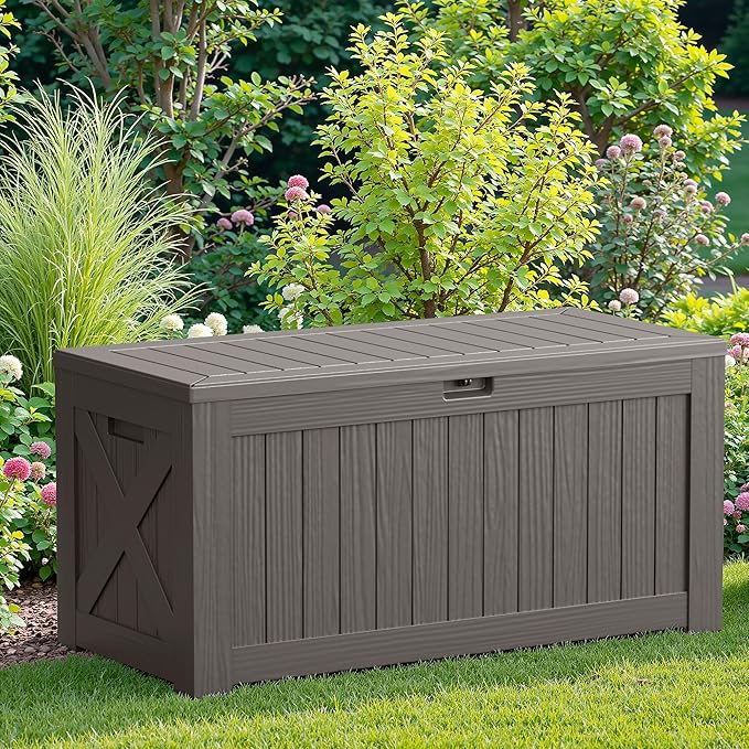 JUMMICO 120 Gallon Resin Deck Box, Large Outdoor Storage Box Waterproof & Lockable for Garden, Patio, Pools (Light Brown)