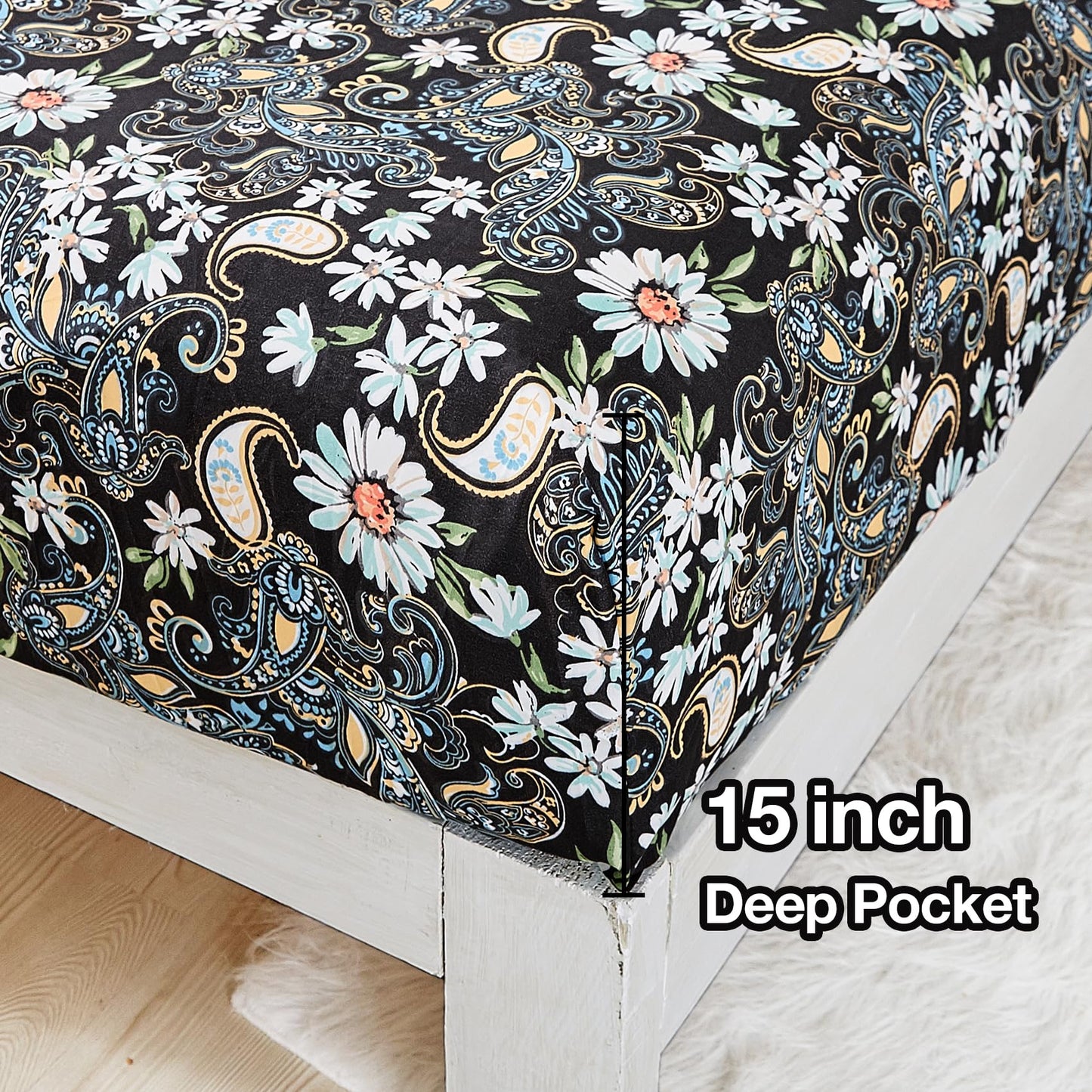 JSD Black Paisley Floral Printed Sheet Set King Size, 4 Piece Soft Pattern Microfiber Sheets Extra Deep Pocket