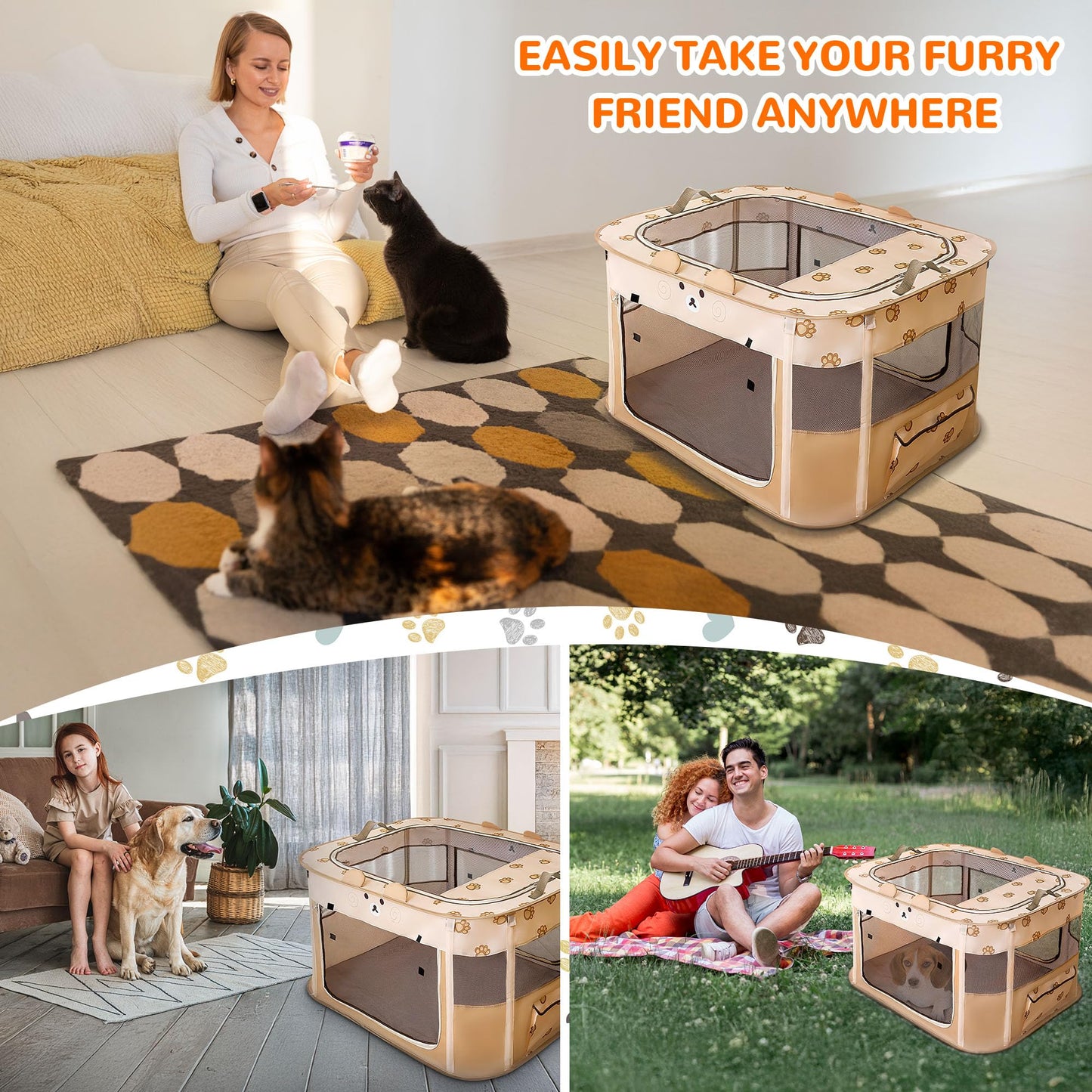 ALLSOPETS Cat Playpen for Dog, Foldable Pet Play Pen for Indoor Outdoor Use, Portable Dog Cat Crate Tent for Puppies Kittens, Pop-Up Pet Cage for Travel Camping (Brown Bear, M)