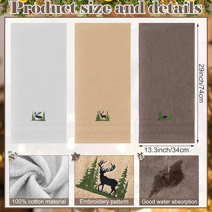 3 Pcs Farmhouse Cabin Bear Hand Towels Forest Moose Deer Embroidered Rustic