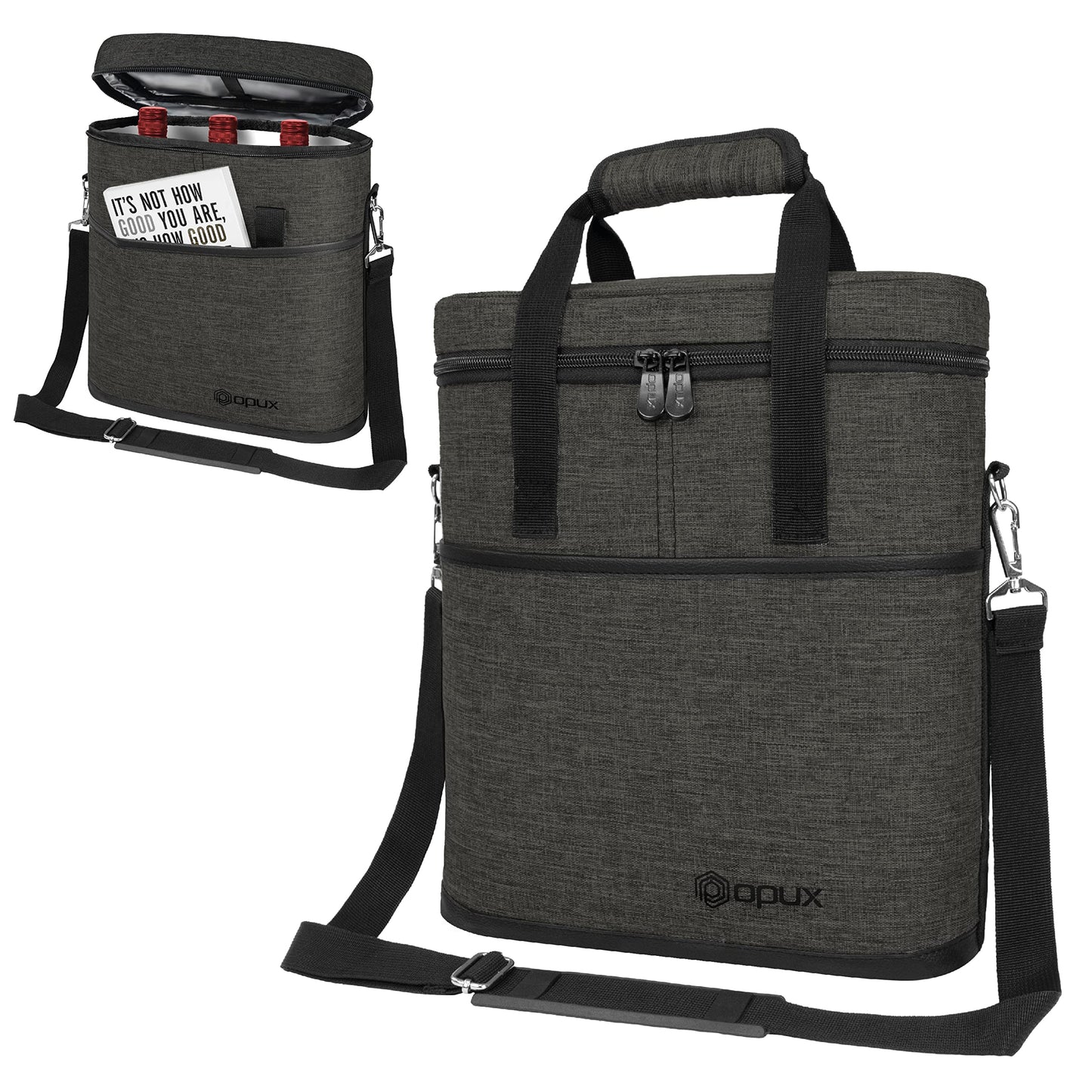 opux 3 Bottle Wine Carrier Tote, Insulated Leakproof Wine Cooler Bag, Wine Travel Bag for Picnic BYOB Beach, Portable Wine Bottle Carrying Case, Gift for Wine Lover Women Men Christmas, Charcoal Grey