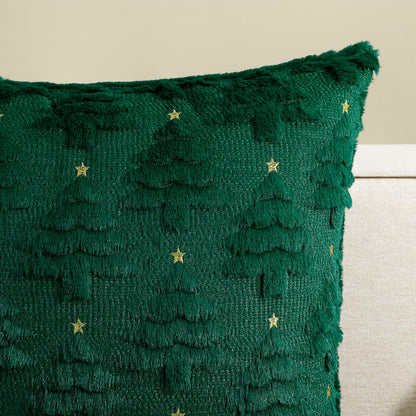 Softalker Christmas Throw Pillow Covers 18 x 18 Inch Set of 2, Xmas Winter Christmas Tree Faux Fur Cushion Covers, 3D Embroidered Pillow Cases for Couch Bedroom Living Room Decor, Green