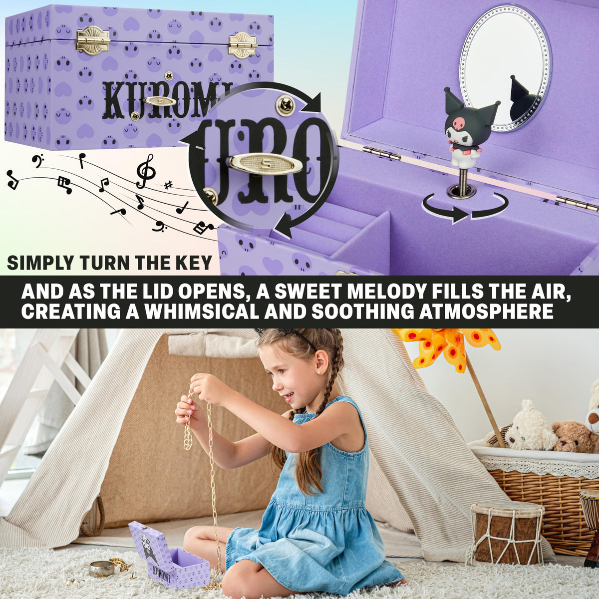 Hello Kitty Sanrio Kuromi Musical Jewelry Box for Girls Teens Women Kawaii Wind Up Music Box Jewelry Organizer Ring Holder Gifts for Women (Purple Kuromi)