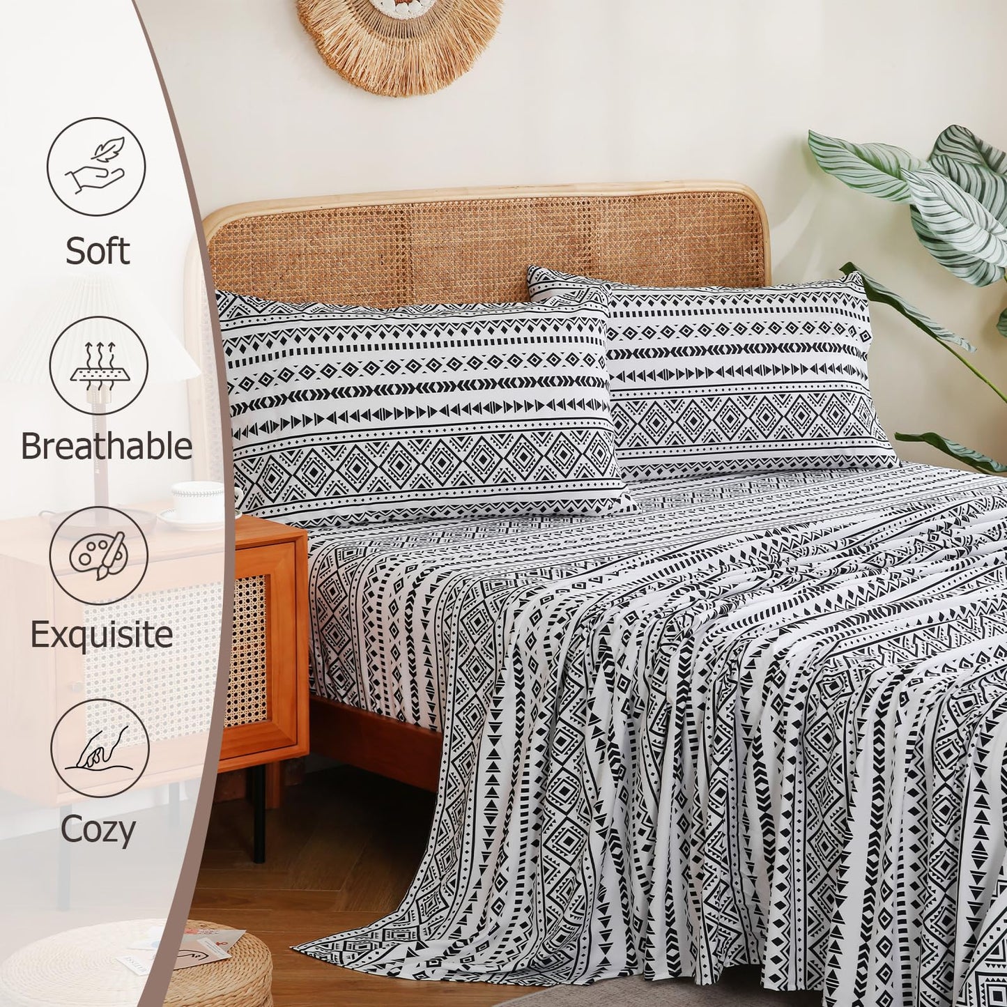 CozySmile King Size Sheet Set 4 Piece,Soft & Breathable Bedding Deep Pocket 16" Cooling Wrinkle Free Comforter Bed Set Western Sheets Geometric(King, Black White Geometric)