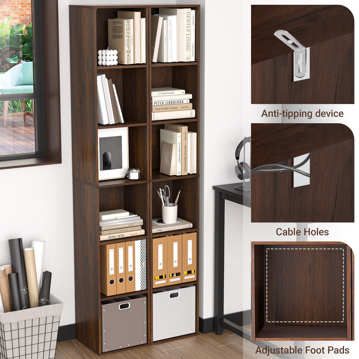 NewBeth 6 Cube Storage Organizer, Narrow Open Shelf Bookcase, Freestanding 6 Tier Low Display Bookshelf for Home Office, Living Room, Bedroom, Dark Brown & Black Walnut