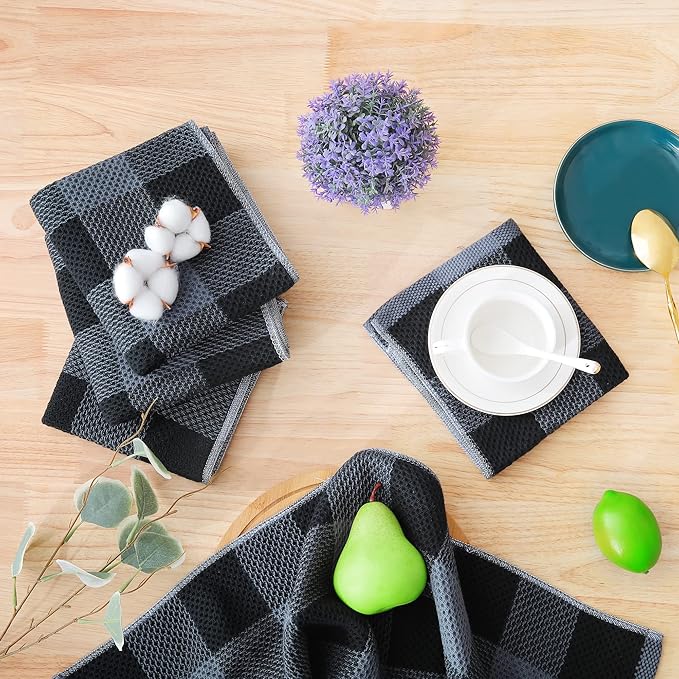 Homaxy 100% Cotton Waffle Weave Check Plaid Dish Cloths, 12 x 12 Inches