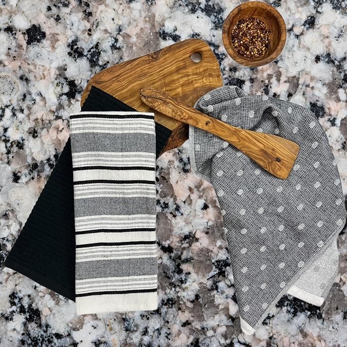 Black White Kitchen Hand Dish Towels: Oversized 28" x 16", 100% Cotton Cloth
