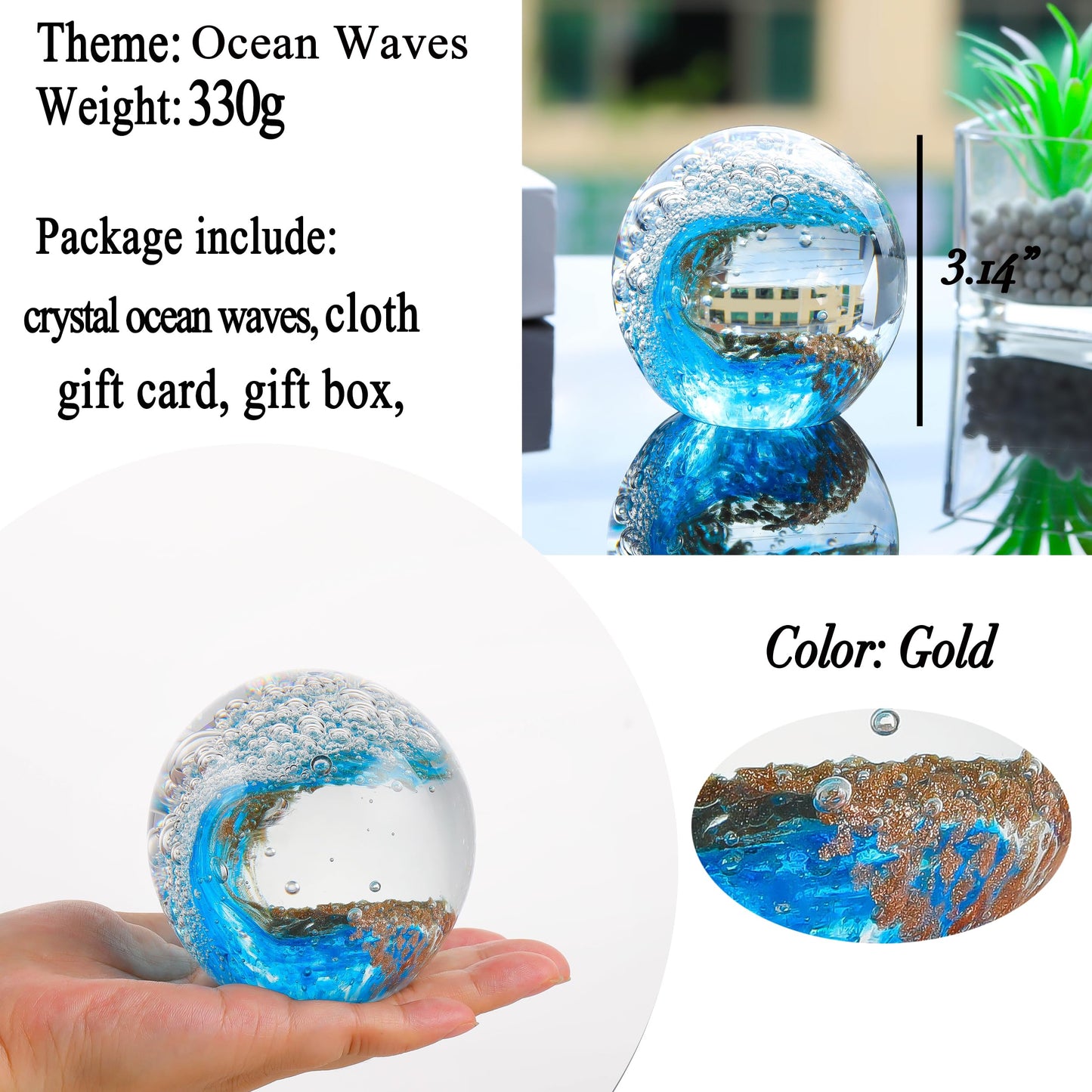 Enjinkail Hand Blown Ocean Waves Crystal Ball - Glass Collectible Figurines Spere - Paperweight Glass Ball Aquarium DecorOffice Decor Ocean Lovers