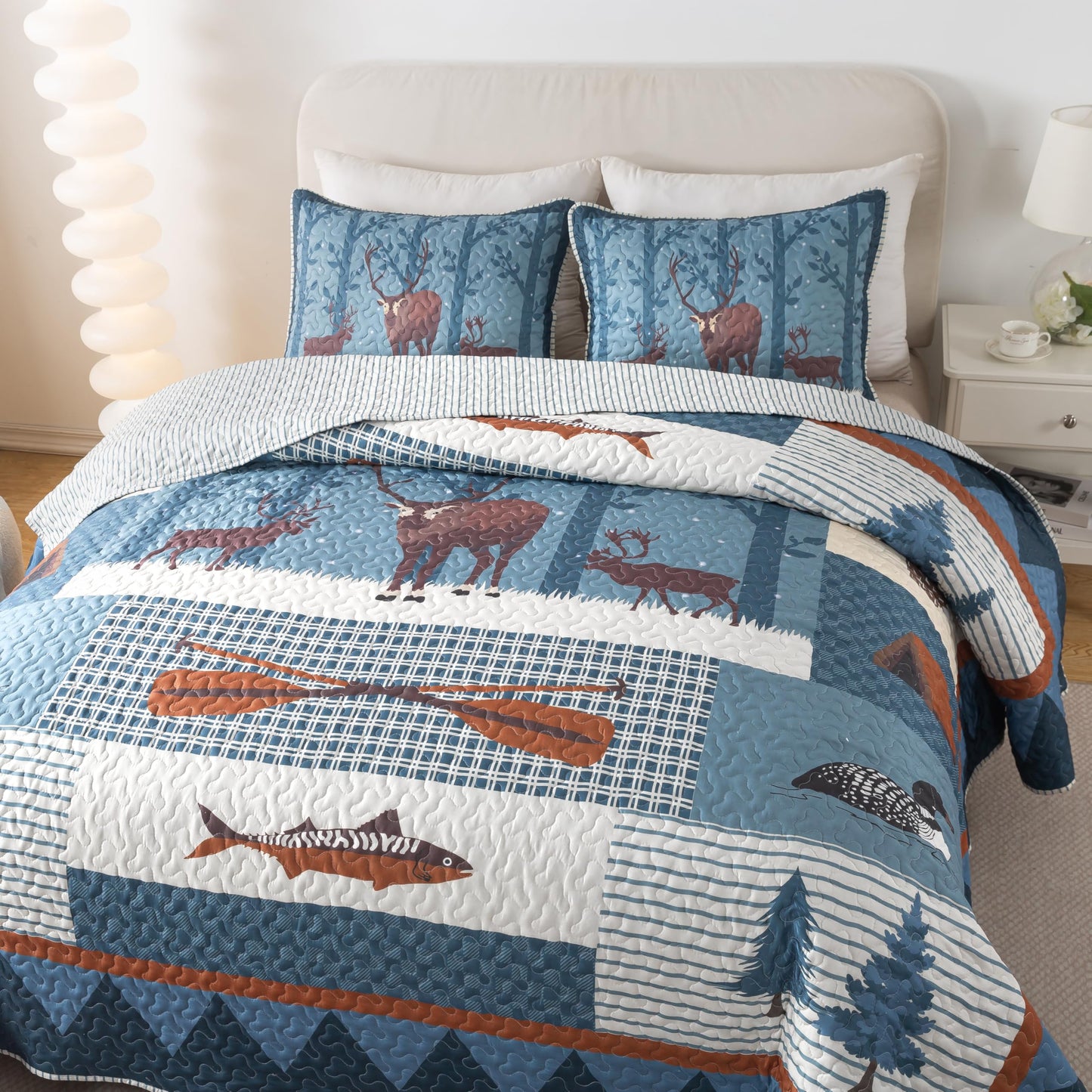 Soul & Lane True North Fish Quilt Set - Queen Size with 2 Shams, Rustic Cabin Bedding with Wildlife and Outdoor Nature Theme, Lodge Quilted Bedspread with Moose and Duck for Lake House & Hunting Decor