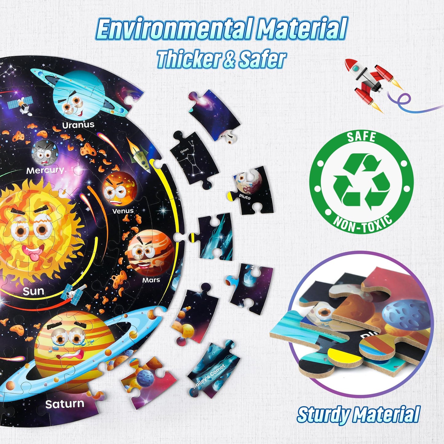 SYNARRY Giant Solar System Floor Jigsaw Puzzle for Kids 3 4 5 6 7 8 Year Olds, 70 Piece Big Round Space Planets Astronaut Jigsaw, Space Toys Gifts for Toddlers Children Boys Girls