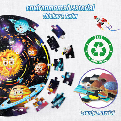 SYNARRY Giant Solar System Floor Jigsaw Puzzle for Kids 3 4 5 6 7 8 Year Olds, 70 Piece Big Round Space Planets Astronaut Jigsaw, Space Toys Gifts for Toddlers Children Boys Girls