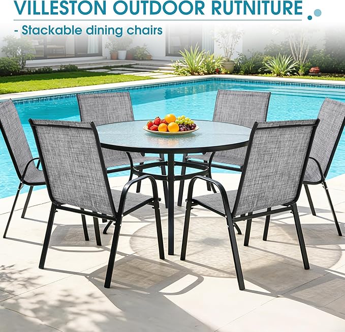 Outdoor Stackable Chairs Set of 6, Stacking Patio Chairs with Textilene Fabric, Outside Furniture for Garden Backyard Balconie Poolside Deck, Grey