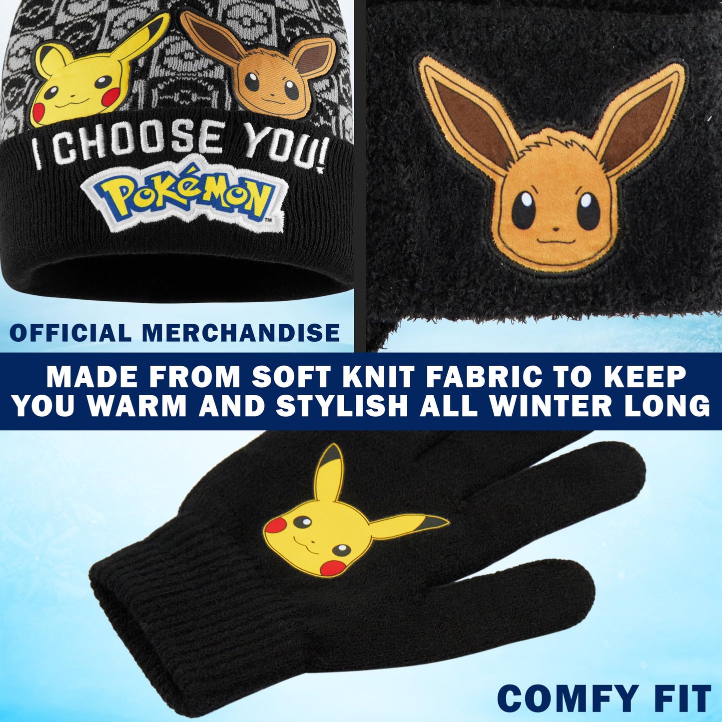 Pokemon Boys 3 Pcs Beanie, Gloves, and Scarf Set, Ages 5–12, Winter Accessories, Pikachu, Eevee, Cozy Gifts for Boys (6-14 Years, Black, 3 Pcs)