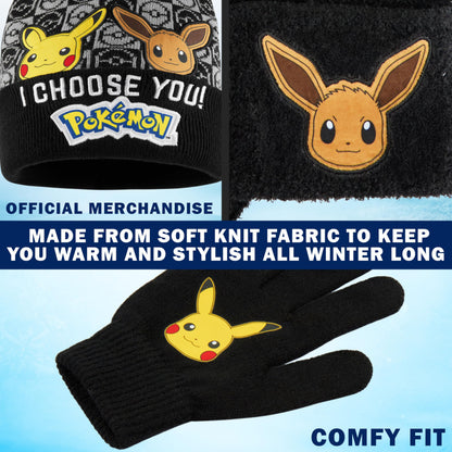 Pokemon Boys 3 Pcs Beanie, Gloves, and Scarf Set, Ages 5–12, Winter Accessories, Pikachu, Eevee, Cozy Gifts for Boys (6-14 Years, Black, 3 Pcs)