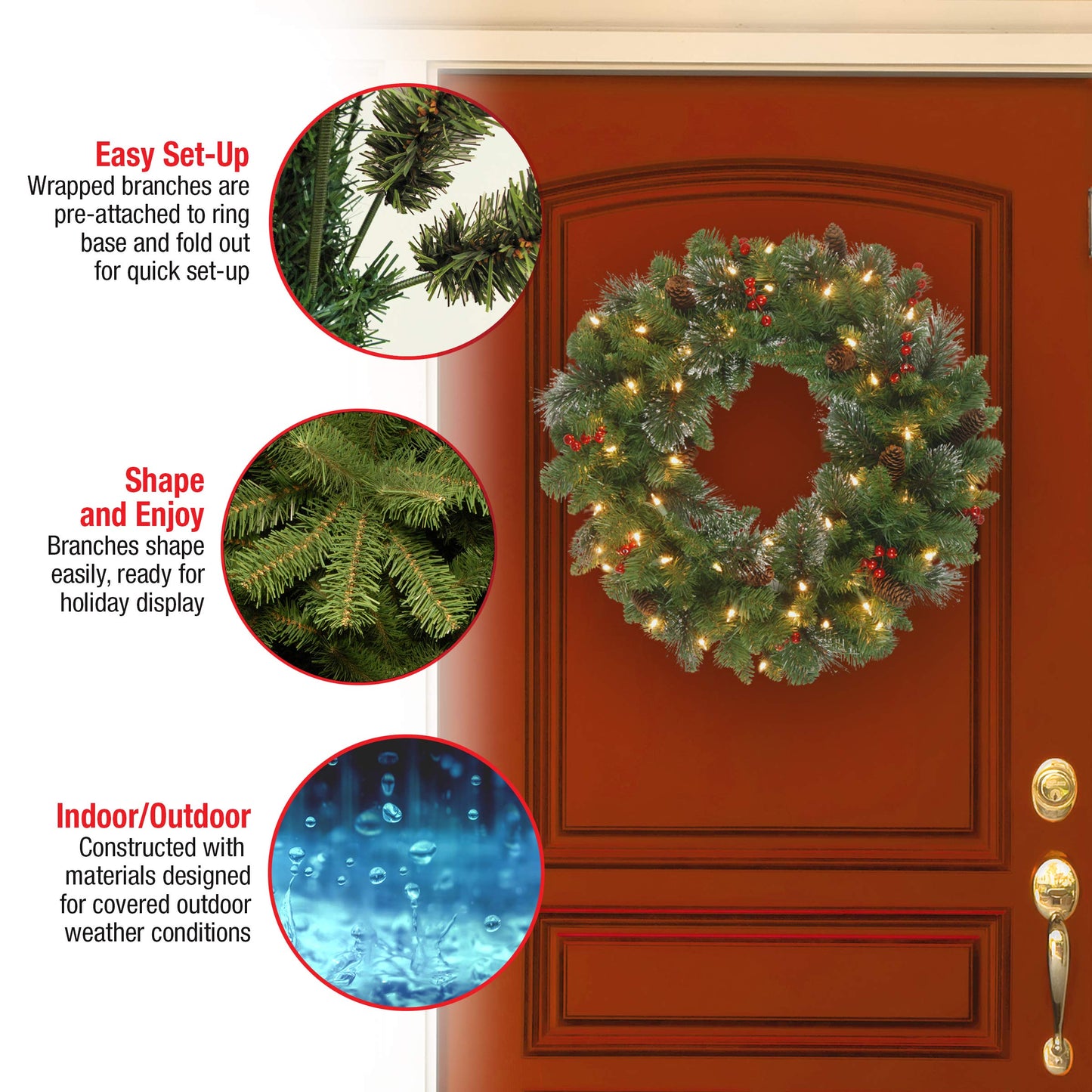 National Tree Company 30 in Pre-Lit Crestwood Spruce Artificial Christmas Wreath, Christmas Decoration with Glitter, Pinecones, Red Berries, 70 Clear Lights, 200 Tips, Green