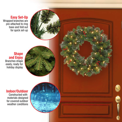 National Tree Company 30 in Pre-Lit Crestwood Spruce Artificial Christmas Wreath, Christmas Decoration with Glitter, Pinecones, Red Berries, 70 Clear Lights, 200 Tips, Green