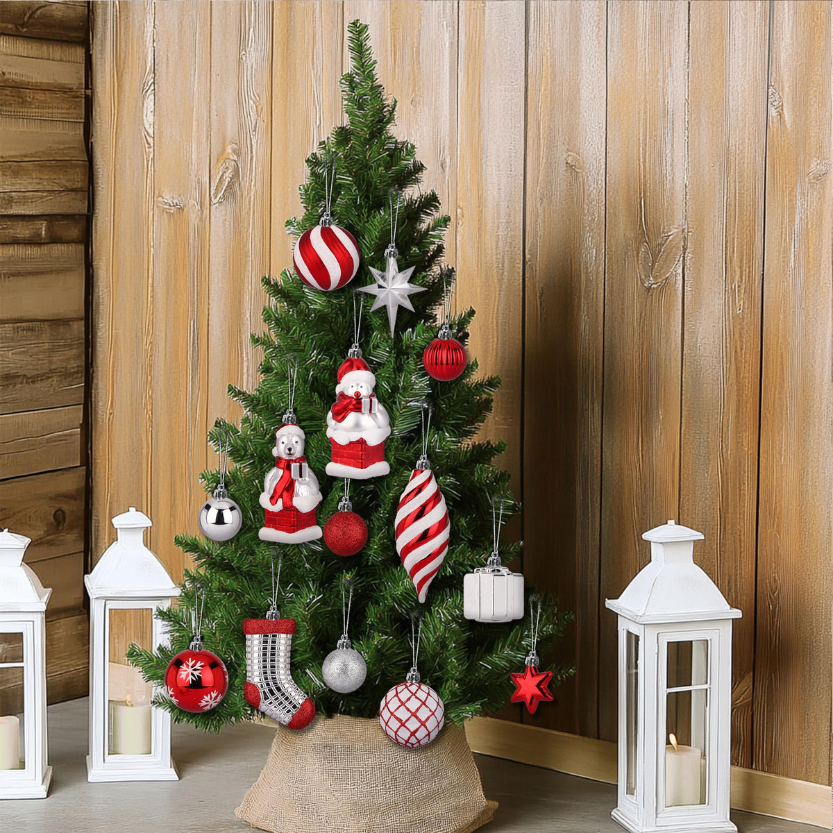 Alupssuc 112pcs Christmas Balls Ornaments Set, Shatterproof Plastic Baubles Christmas Penguin, Polar Bear for Xmas Tree Holiday Wedding Party Decorations with Hanging Strings, Red, Silver and White