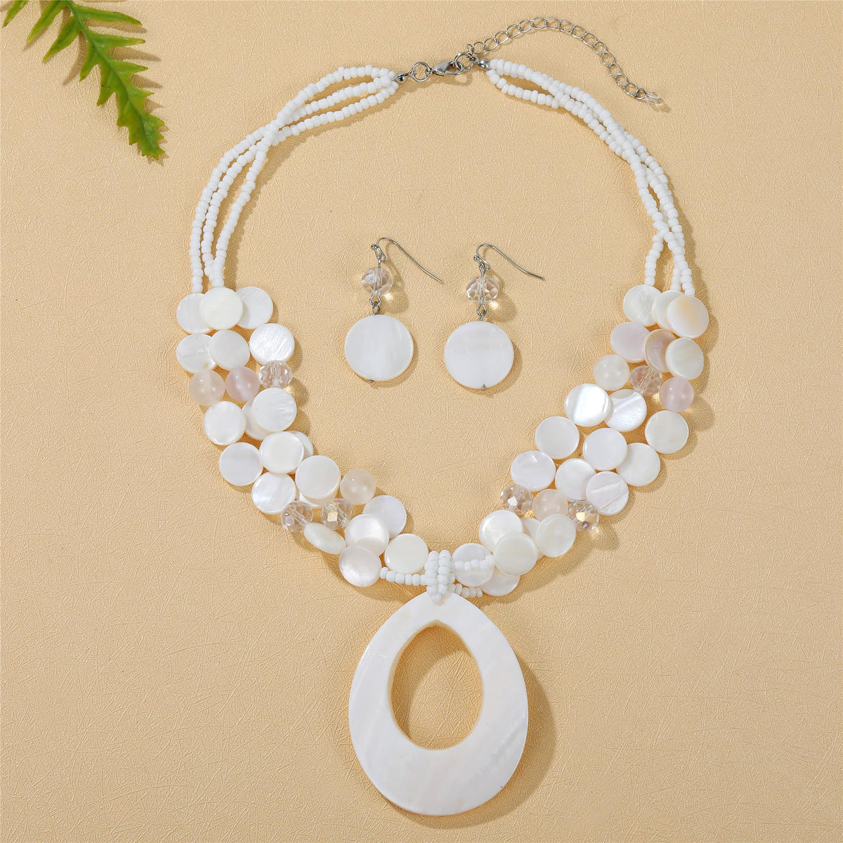 Aenu Multi-Strand Beaded Necklace with Teardrop Pendant Colorful Beads Statement Jewelry Set for Women (White)
