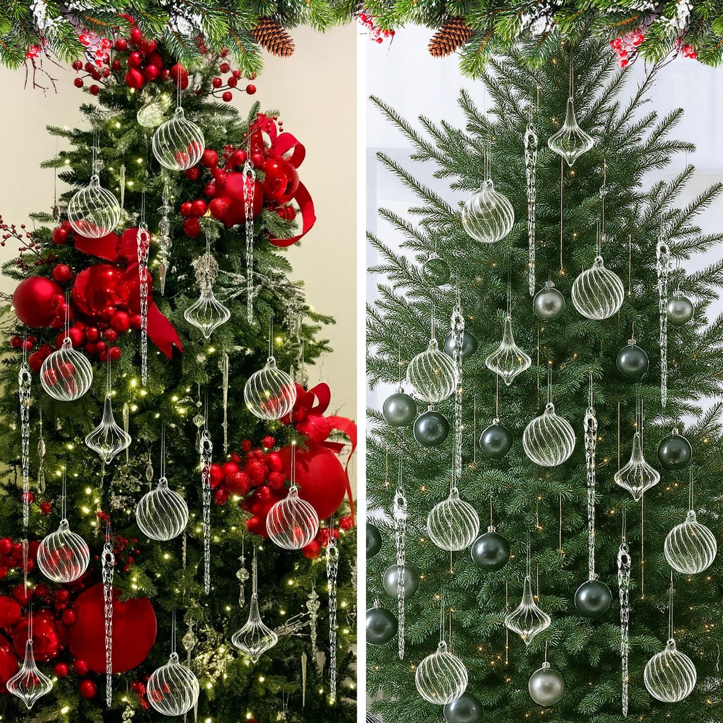 Seematn 18 Pcs Clear Christmas Glass Ornaments Ball Icicle Drop Ornaments Hanging Crystal Balls Glass Bulbs for Xmas Tree Home Indoor Party Elegant Winter Festival Crystal Decorations