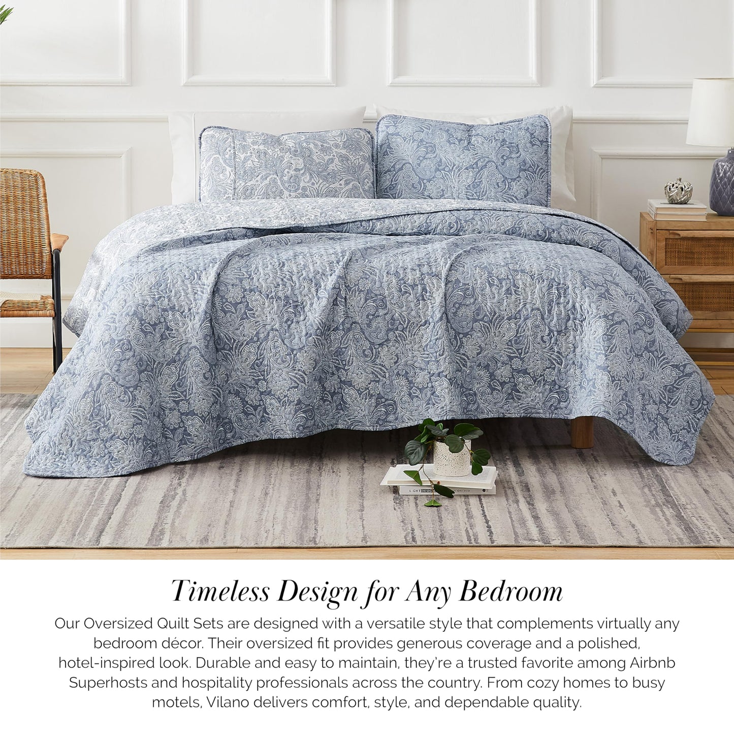 Southshore Fine Living, Inc. Extra Large King Size Quilts, Paisley Quilt, Blue and White Bedspread, 3-Piece Bohemian Bedding Set with Two Matching Shams, California/King, Reversible Blue