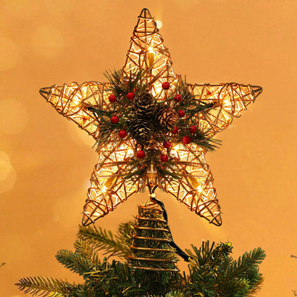 BrizLabs Christmas Tree Topper, 11“ Rattan Star Treetop with 10 Warm Lights, 120V UL Certified Christmas Tree-top Star, Vine Christmas Tree Star Topper for Christmas Indoor Party Home Decor