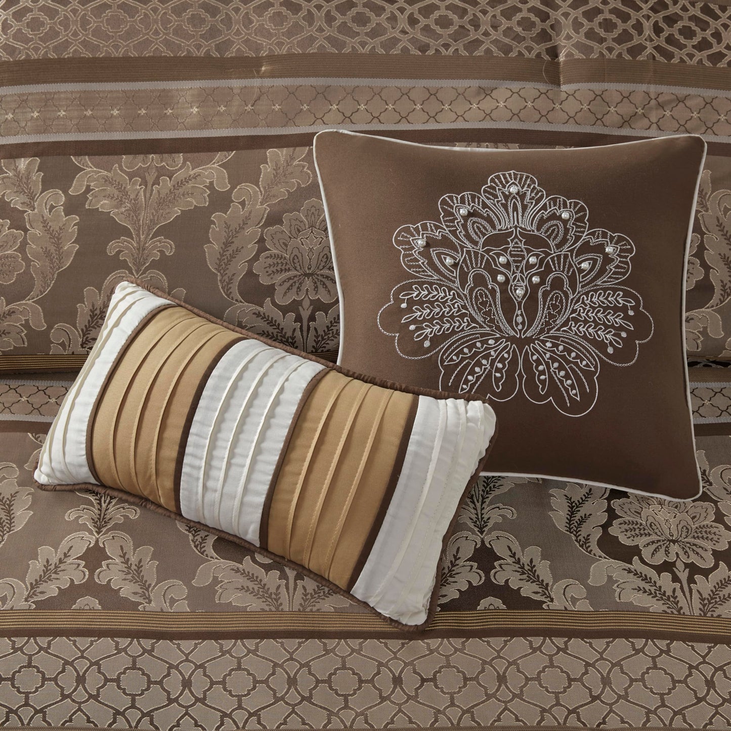 Madison Park Bellagio Cozy Comforter Set - Luxurious Jaquard Traditional Damask Design, All Season Down Alternative Bedding with Matching Shams, Decorative Pillow, King(104"x92"), Brown/Gold 7 Piece
