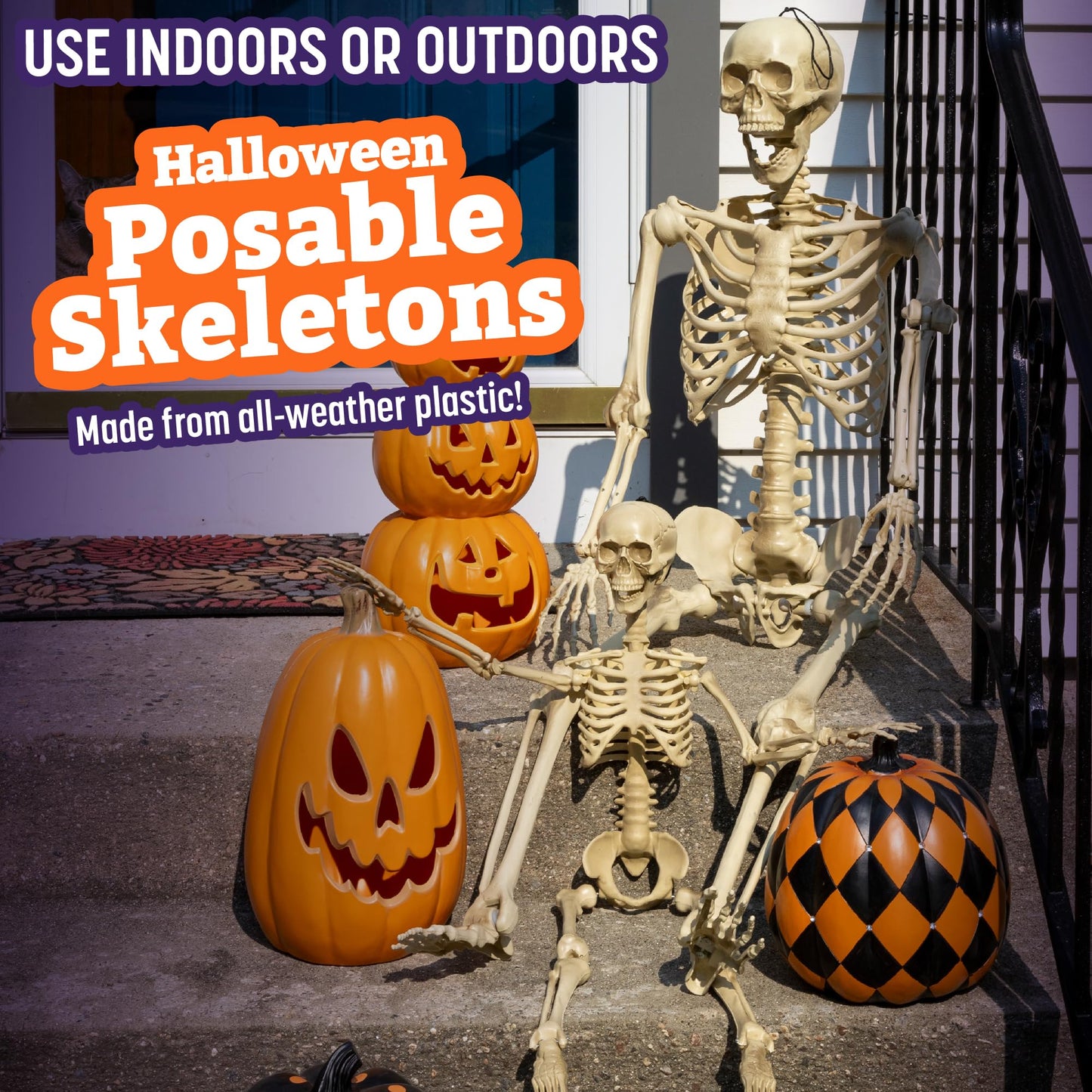 Posable Life Size Human Skeleton Family 4pk- 2 Adult (5'4") & 2 Children (2')- Halloween Prop Indoor Outdoor Decorations w Bending Articulated Bones