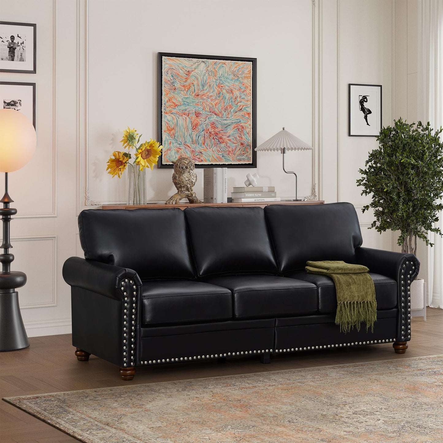 YOPTO Living Room Sectional Sofa Couch with Storage Space,Faux Leather Fabric Loveseat and Sofa Sets W/Silver Nails Decoration & Comfy Cushion,2 Pieces Livingroom Furniture for Home,Office,Black