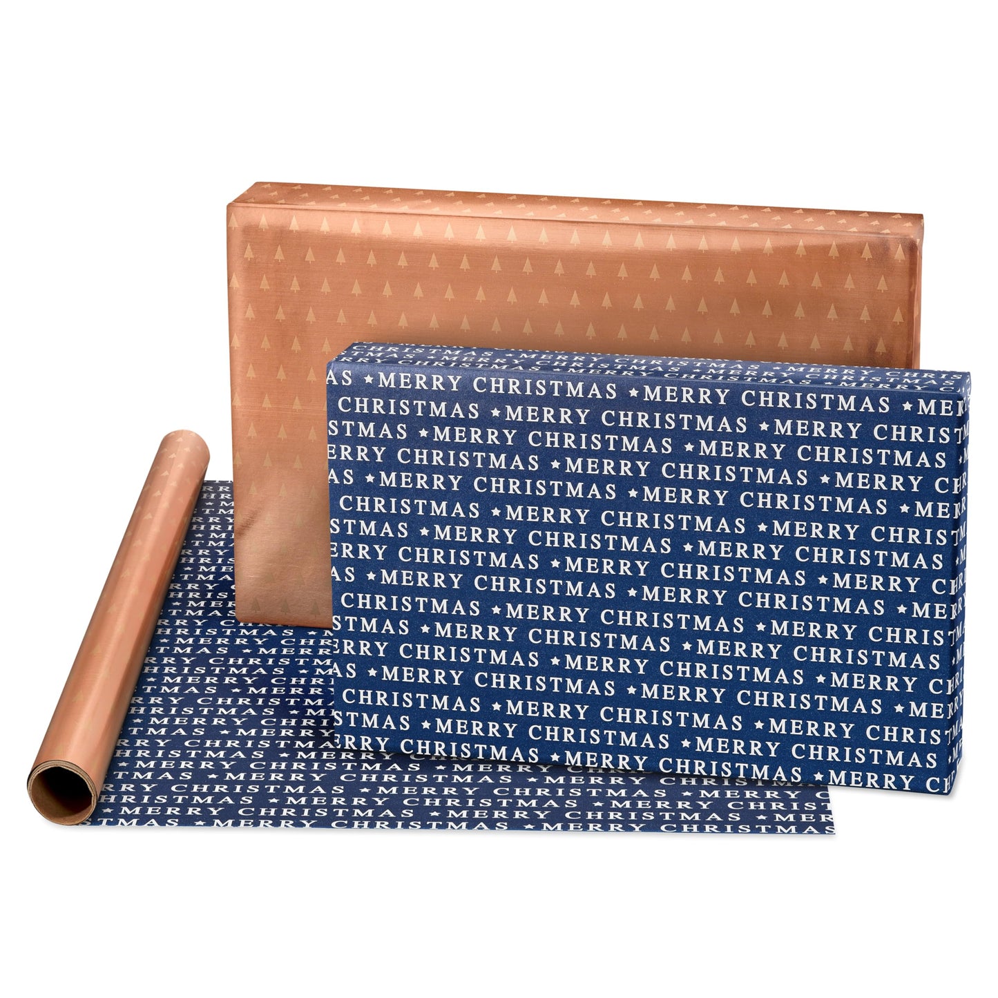 American Greetings Foil Christmas Wrapping Paper Rolls, Metallic Rose Gold and Navy Blue Holiday Gift Wrap (80 sq. ft., 4 Rolls-30 in. x 8 ft., Reversible) Snowflakes, Reindeer, Merry Christmas