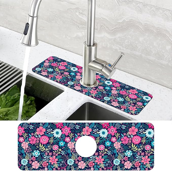 Modern Blue and Pink Floral Sink Faucet Absorbing Mat Sink Splash Guard Faucet