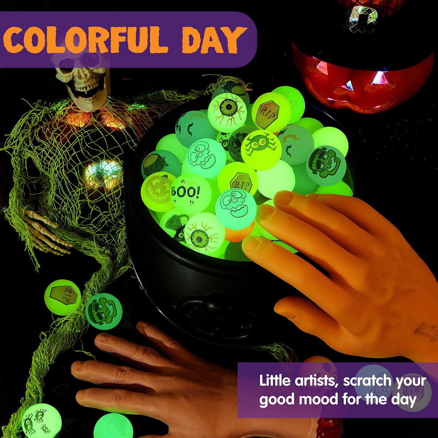JOYIN 100 PCS Halloween Glow in The Dark Bouncing Balls, 20 Designs Halloween Theme Glowing Bouncy Balls for Halloween Party Supplies, Party Favors, Trick or Treating Goodies